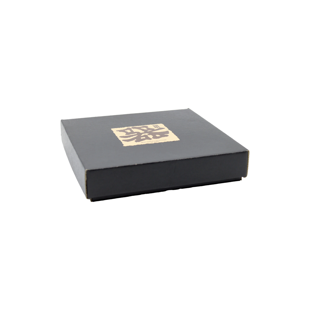 
                  
                    A closed, flat, rectangular black Asanoha Design Sauce Dish Gift Set box (9cm), with a beige label of stylized black text, is photographed on a white background—its minimalist look recalls Japanese artistry.
                  
                