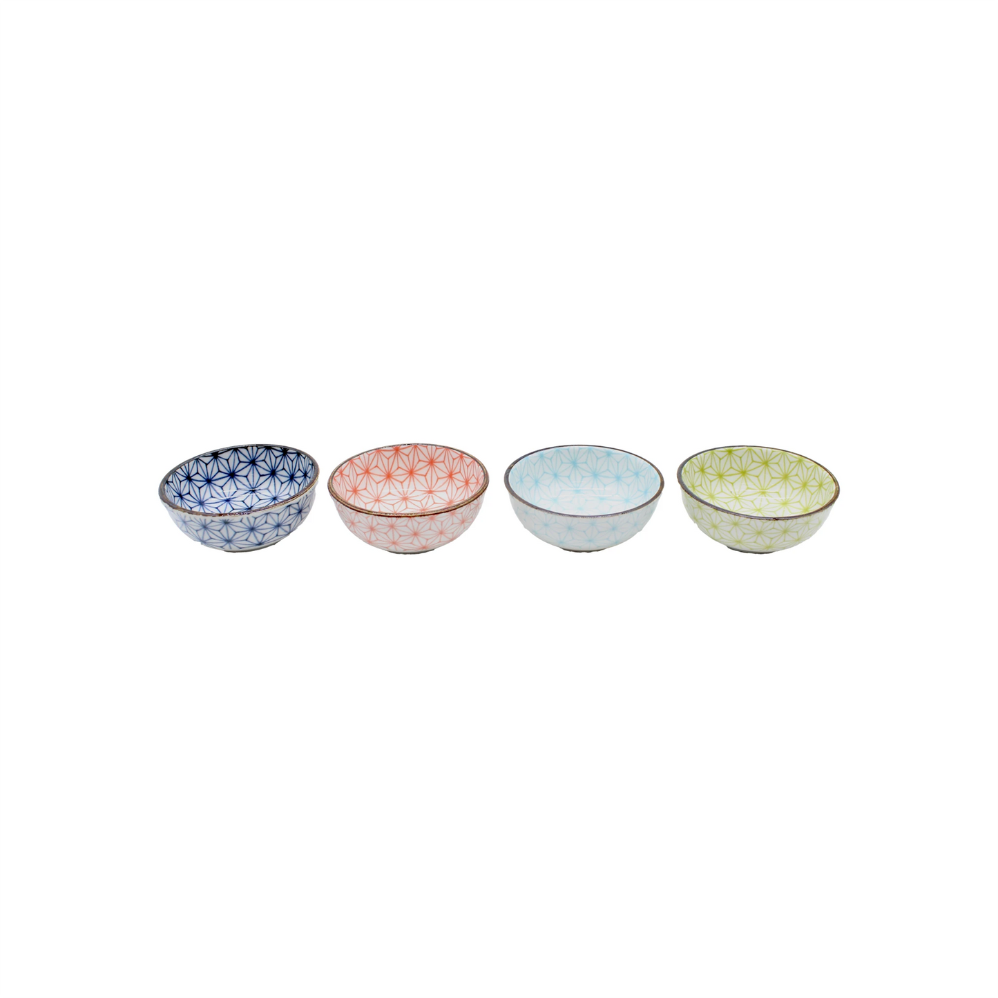 
                  
                    The Asanoha Design Sauce Dish Gift Set includes four 9cm Minoyaki ceramic bowls in blue, pink, light blue, and green with Japanese-inspired geometric patterns, arranged in a row on a white background.
                  
                