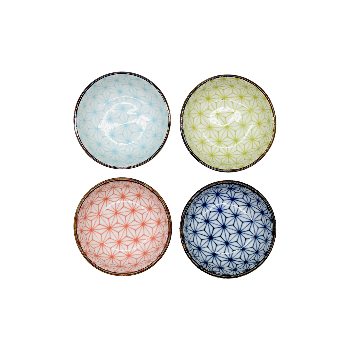 
                  
                    The Asanoha Design Sauce Dish Gift Set - 9cm features four round Minoyaki ceramic bowls with geometric patterns in blue, green, red, and navy, arranged in a square to showcase Japanese artistry.
                  
                