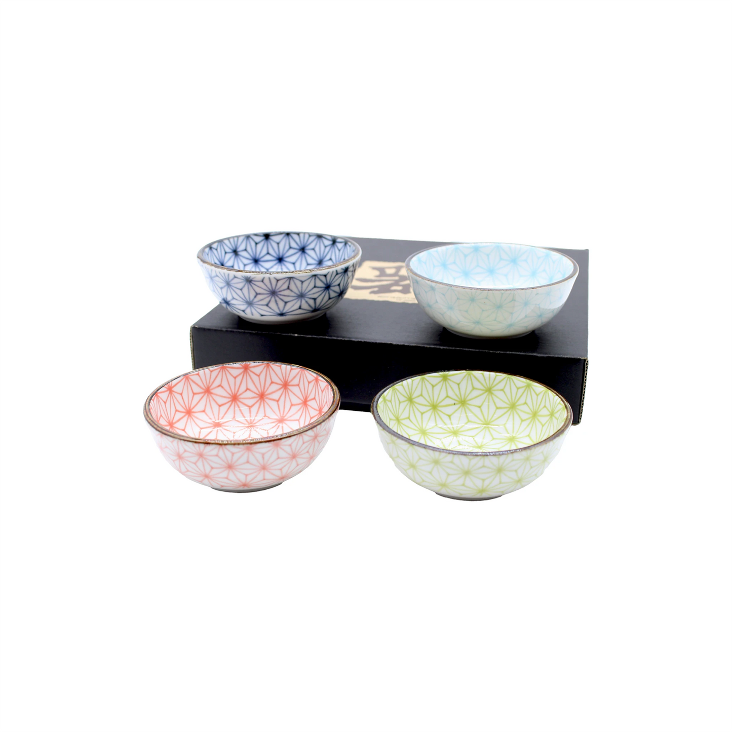 The Asanoha Design Sauce Dish Gift Set - 9cm features four patterned Minoyaki ceramic bowls in blue, light blue, red, and green, beautifully arranged on a black box against a white background to highlight Japanese craftsmanship.