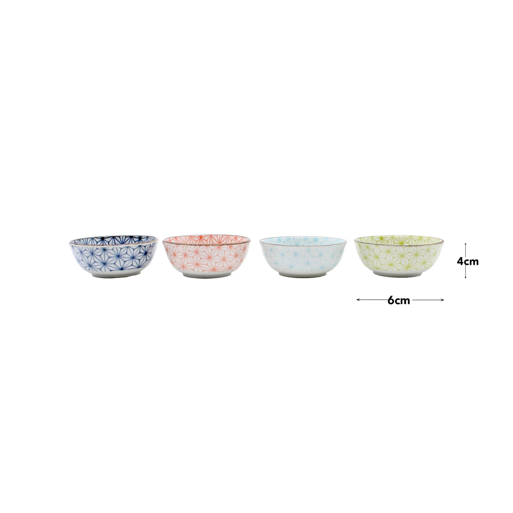 
                  
                    Four Asanoha Design Sauce Dishes in blue, red, light blue, and green are arranged in a row. Each 9cm dish is crafted from Minoyaki ceramics, showcasing exquisite Japanese artistry.
                  
                