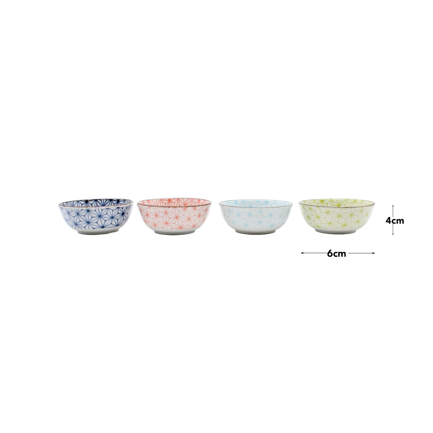 
                  
                    Four Asanoha Design Sauce Dishes in blue, red, light blue, and green are arranged in a row. Each 9cm dish is crafted from Minoyaki ceramics, showcasing exquisite Japanese artistry.
                  
                