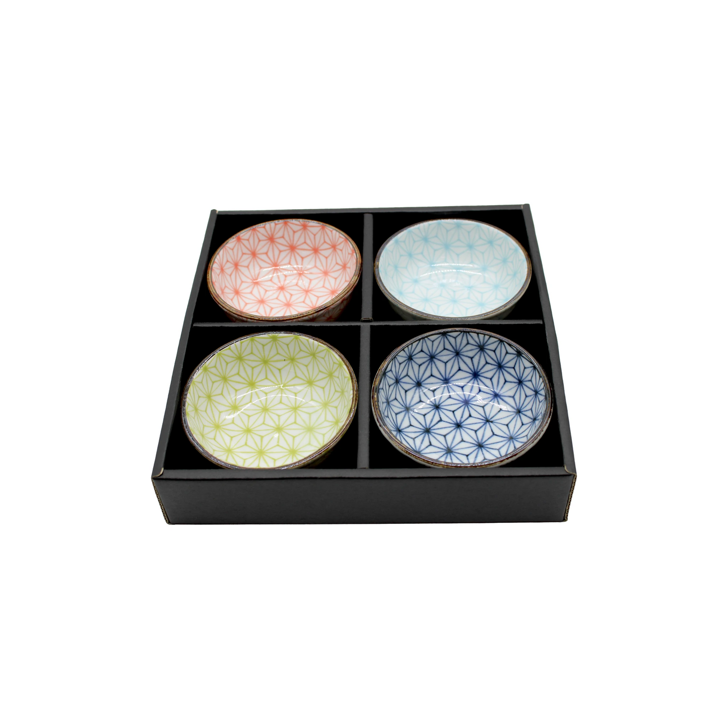 
                  
                    The Asanoha Design Sauce Dish Gift Set - 9cm features four small Minoyaki ceramic bowls in a black box, each with pink, blue, green, or navy geometric patterns that reflect Japanese artistry.
                  
                