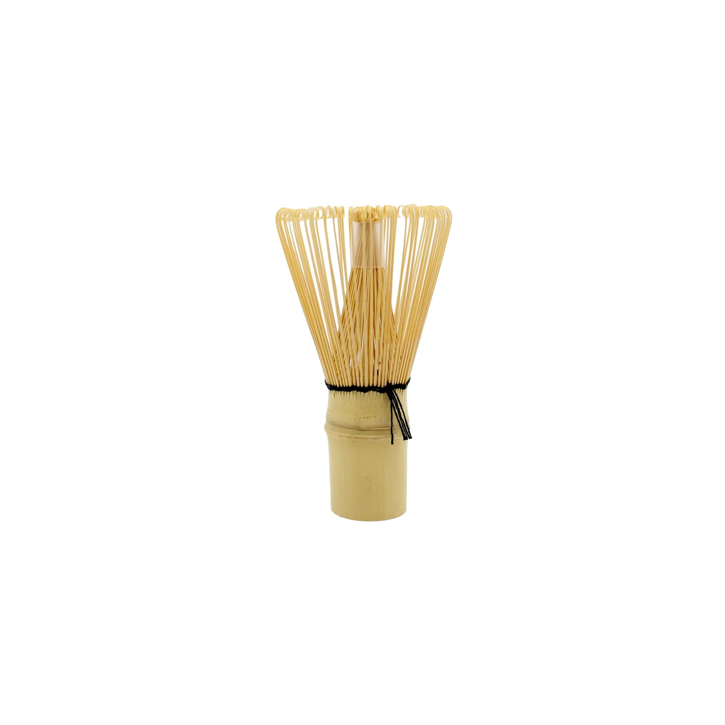 The Bamboo Matcha Green Tea Whisk, a traditional Japanese tool with thin tines and a black string handle, is ideal for preparing smooth matcha tea. Isolated on a white background.