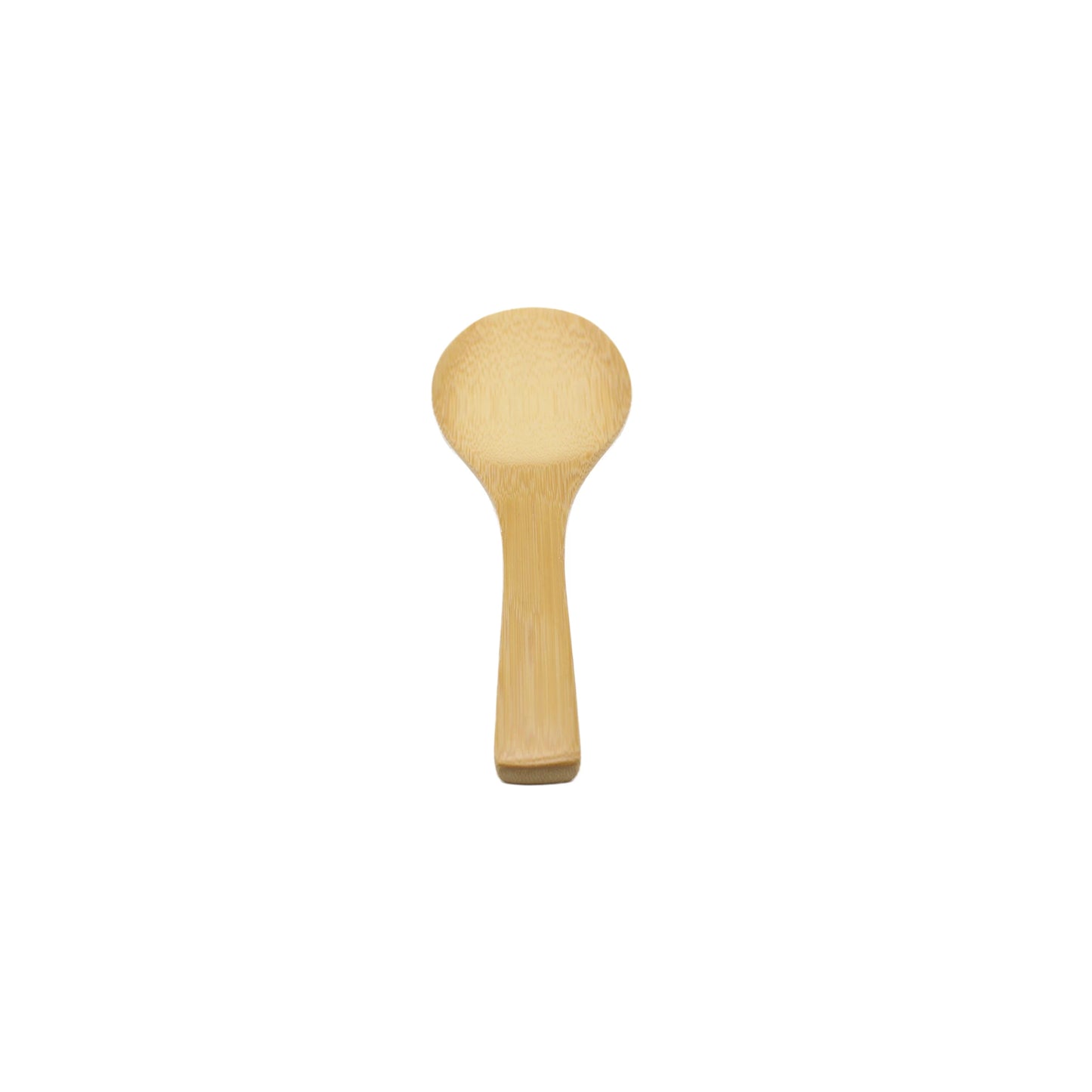 The Bamboo Rice Spatula, featuring a broad, flat head and short handle, is crafted from natural bamboo and shown against a plain white background.
