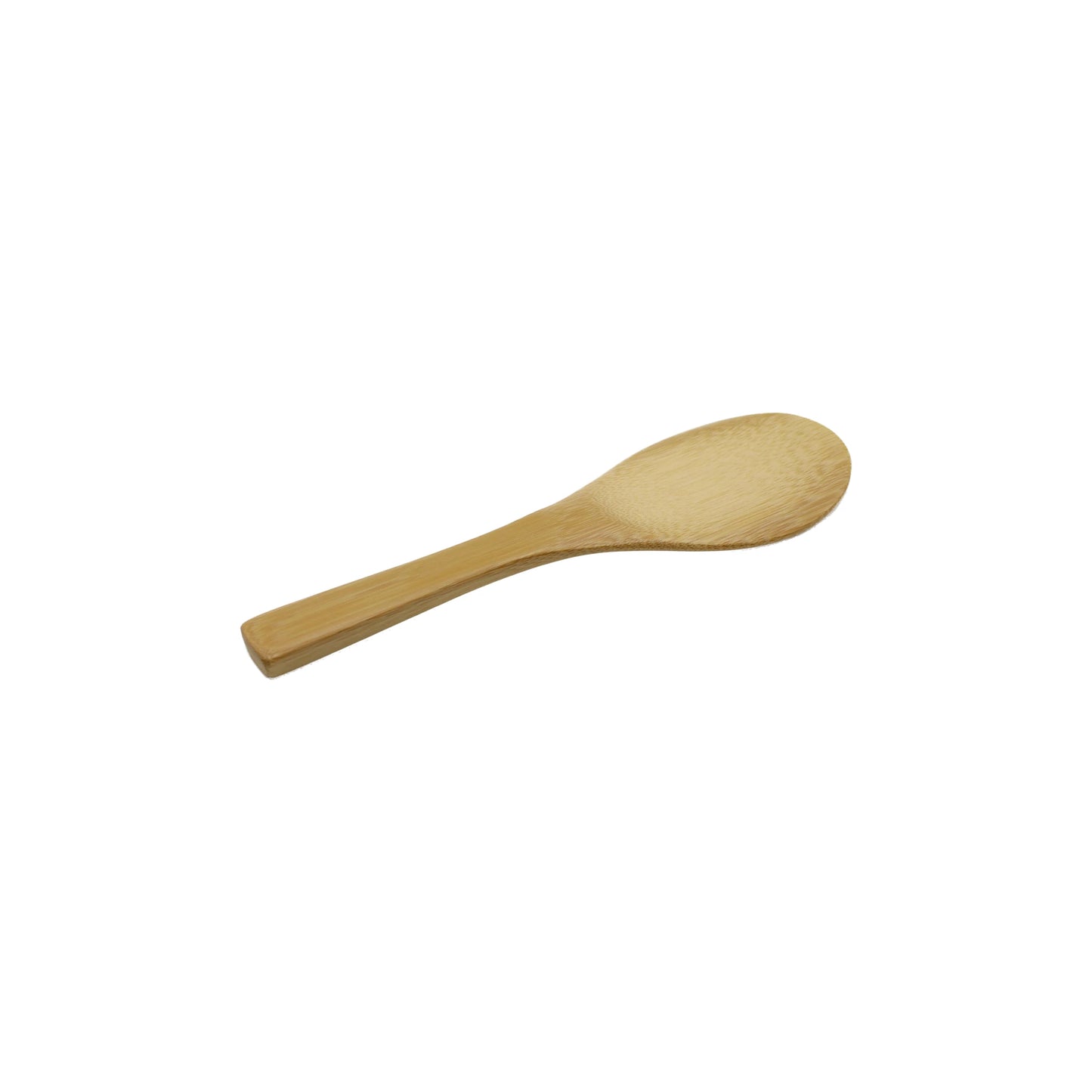The Bamboo Rice Spatula, made from natural bamboo with a wide flat handle and rounded bowl, is shown against a plain white background. Perfect for non-stick surfaces.