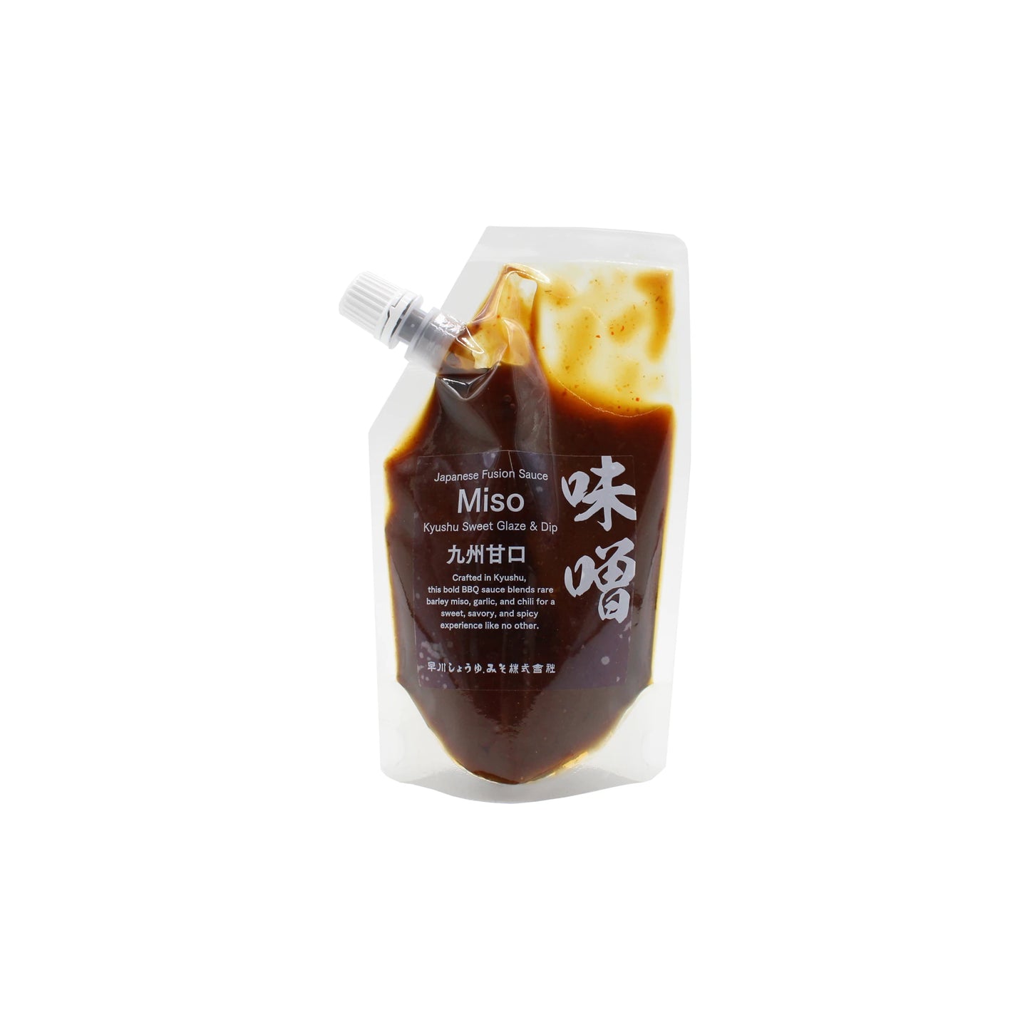 A clear pouch with a twist cap labeled "Hayakawa Miso BBQ Sauce - 200g," offering classic Japanese BBQ flavors—perfect as a sweet umami glaze or dip.