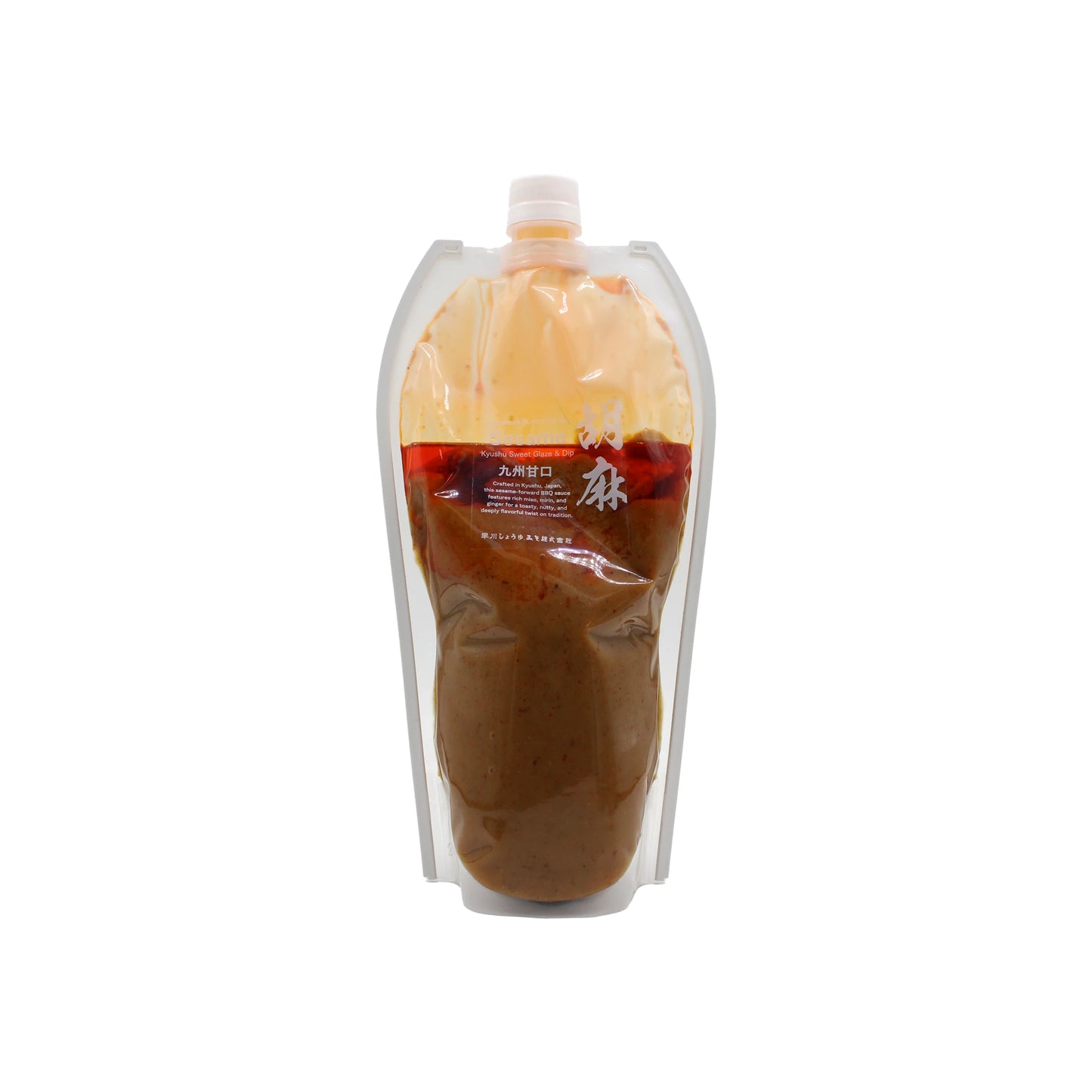 A standing plastic pouch of Hayakawa Miso & Sesame BBQ Sauce, thick brown in color, with a white cap and a red label featuring white text and Asian characters.