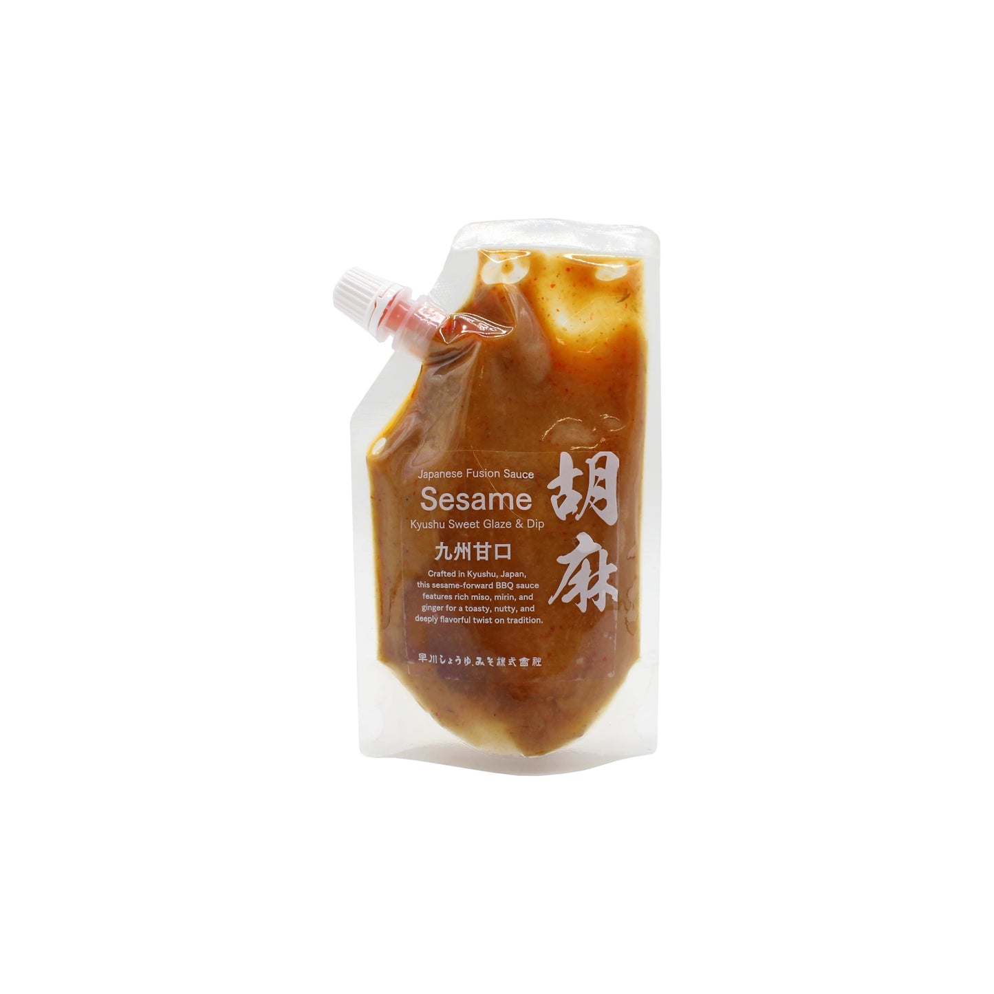 A clear plastic pouch with a red-capped spout labeled "Hayakawa Miso & Sesame BBQ Sauce" in English and Japanese, containing Japanese fusion sesame condiment sauce.
