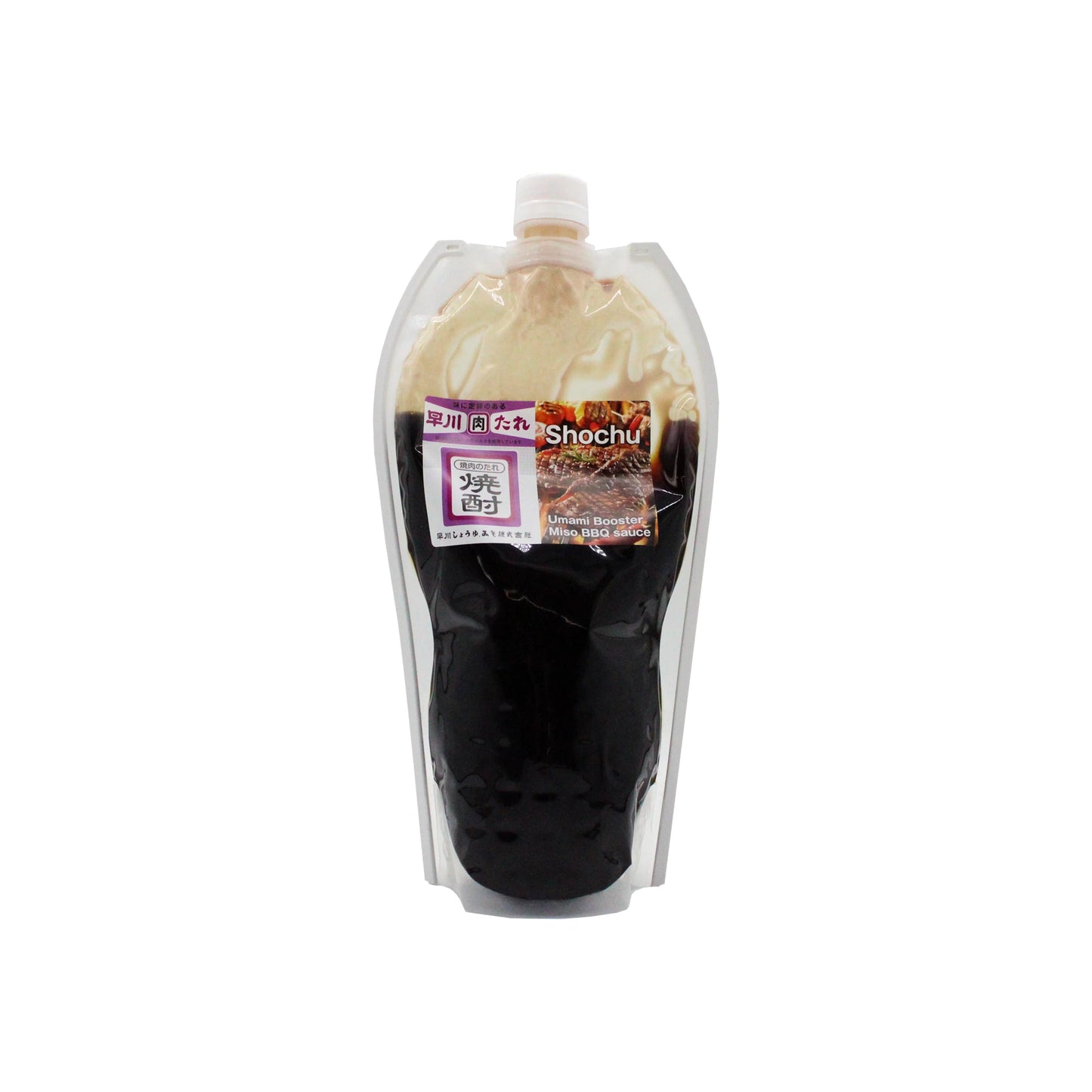 A clear plastic pouch of Hayakawa Shochu BBQ Sauce, filled with dark liquid and Japanese text, features a screw cap and an iced drink image—perfect as a condiment for shochu or Japanese BBQ.