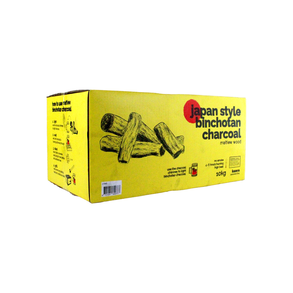
                  
                    A yellow box labeled Binchotan Charcoal Maitiew Wood from Vietnam, 10 kg, featuring illustrations of charcoal logs on the side.
                  
                