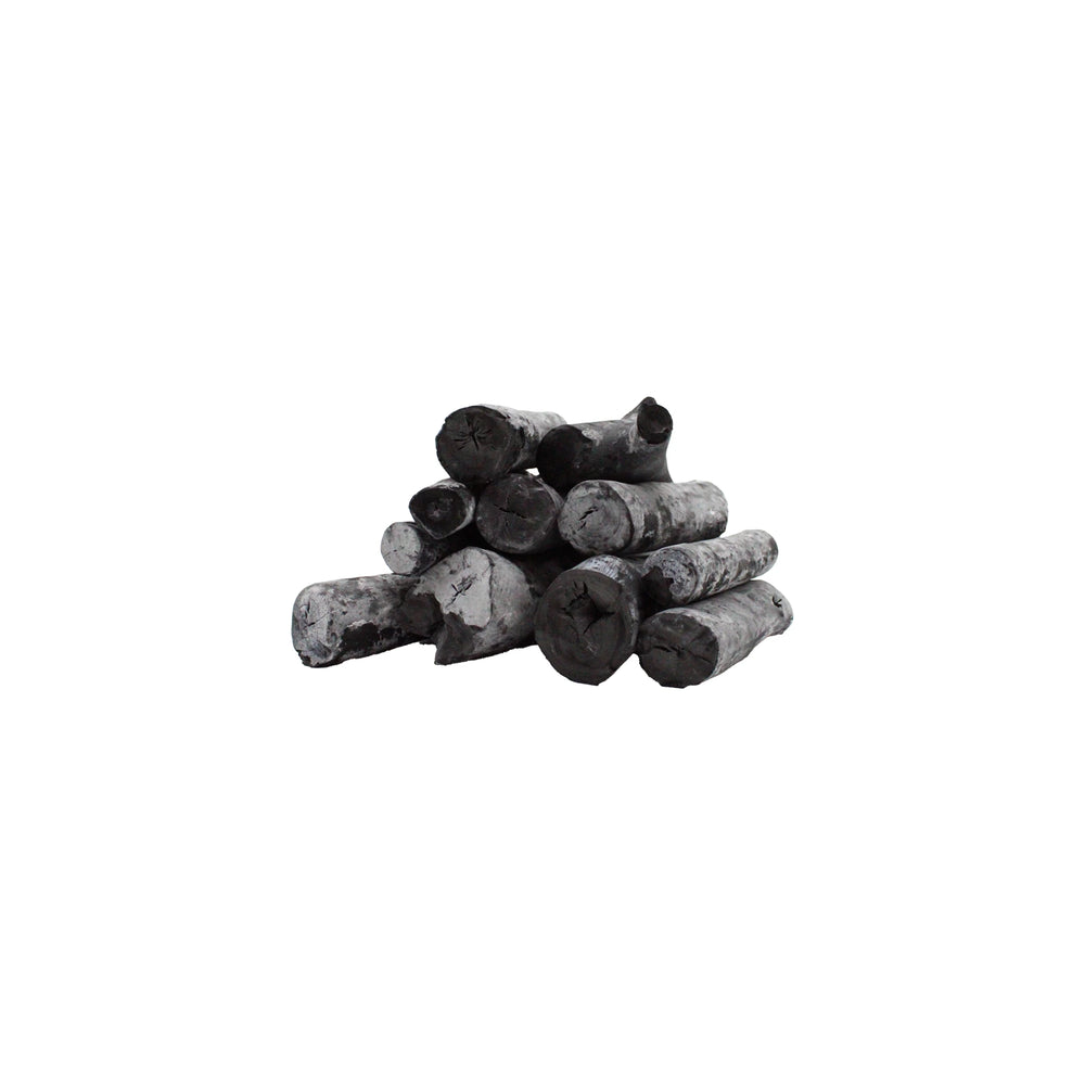 
                  
                    A small pile of Binchotan Charcoal Maitiew Wood from Vietnam, in cylindrical shapes, stacked against a white background.
                  
                