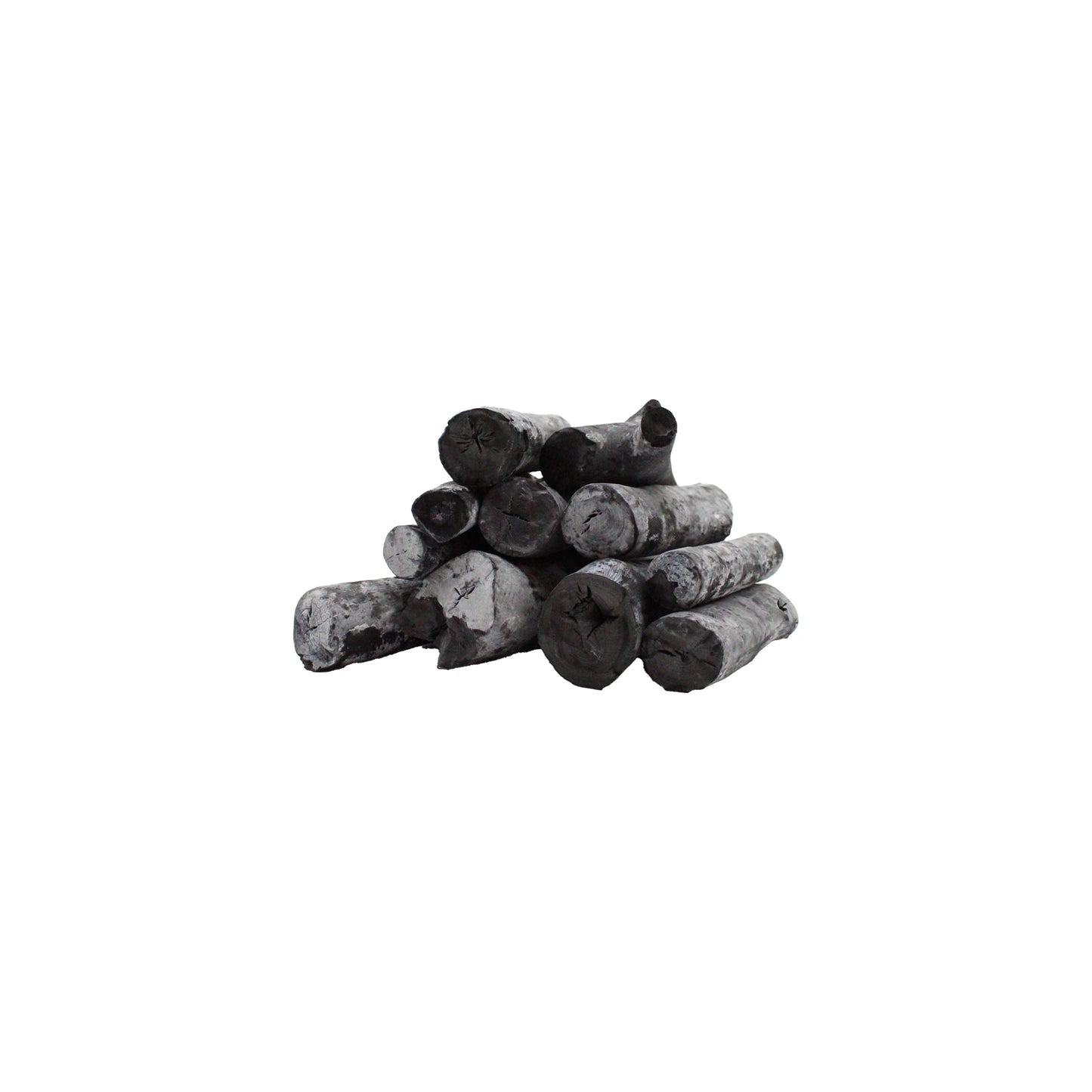 
                  
                    A small pile of Binchotan Charcoal Maitiew Wood from Vietnam, in cylindrical shapes, stacked against a white background.
                  
                