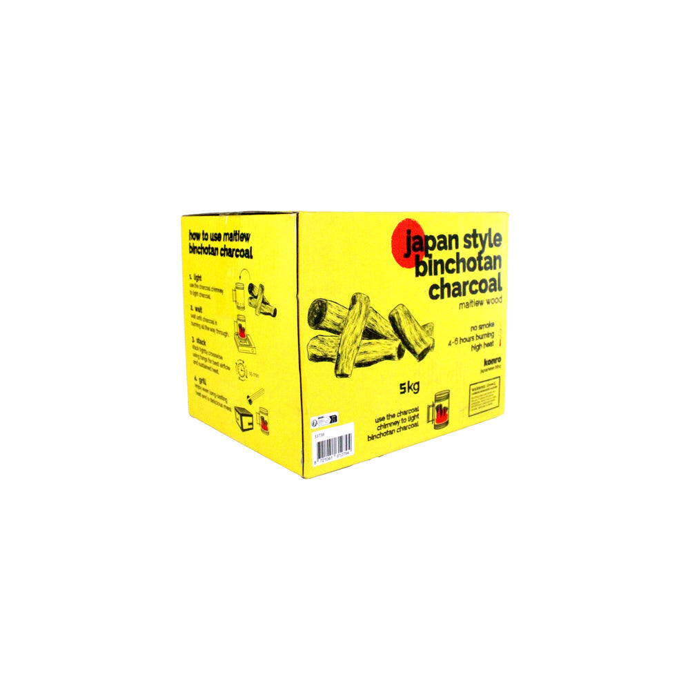 
                  
                    A yellow box labeled “Binchotan Charcoal Maitiew Wood from Vietnam,” featuring images of white charcoal pieces and usage instructions printed on the side.
                  
                