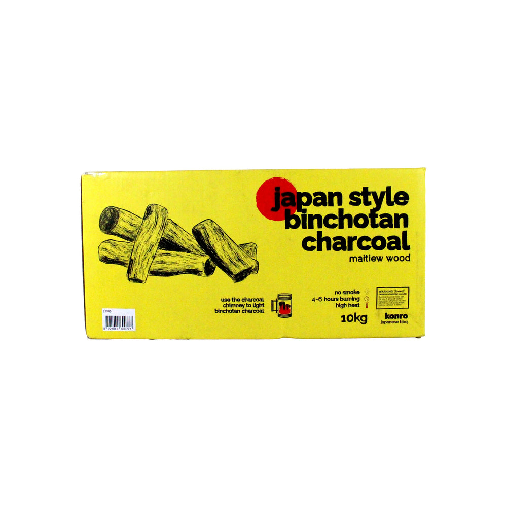 
                  
                    A yellow box labeled Binchotan Charcoal Maitiew Wood from Vietnam, featuring charcoal illustrations and product details, net weight 10 kg—ideal for those seeking authentic white charcoal in Japanese style.
                  
                