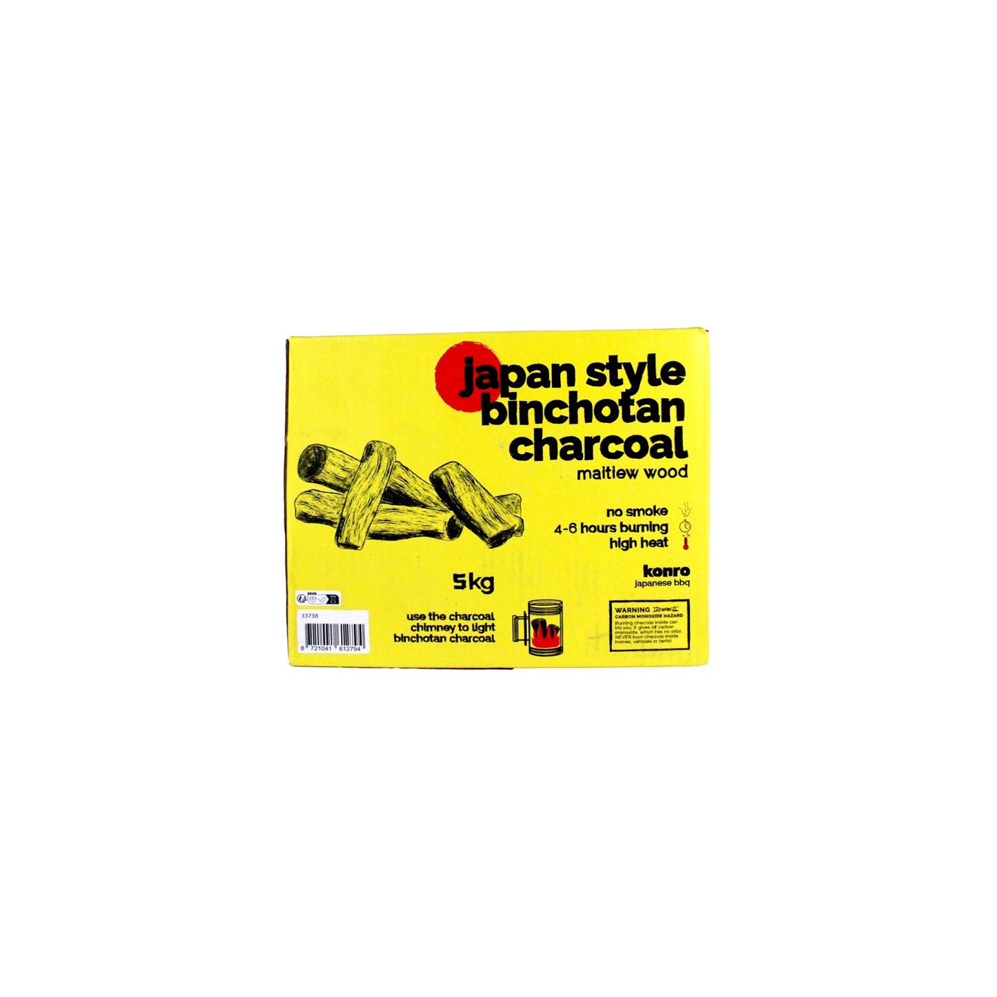 A yellow box labeled Binchotan Charcoal Maitiew Wood from Vietnam displays images of binchotan charcoal sticks and includes product details and instructions on the front.