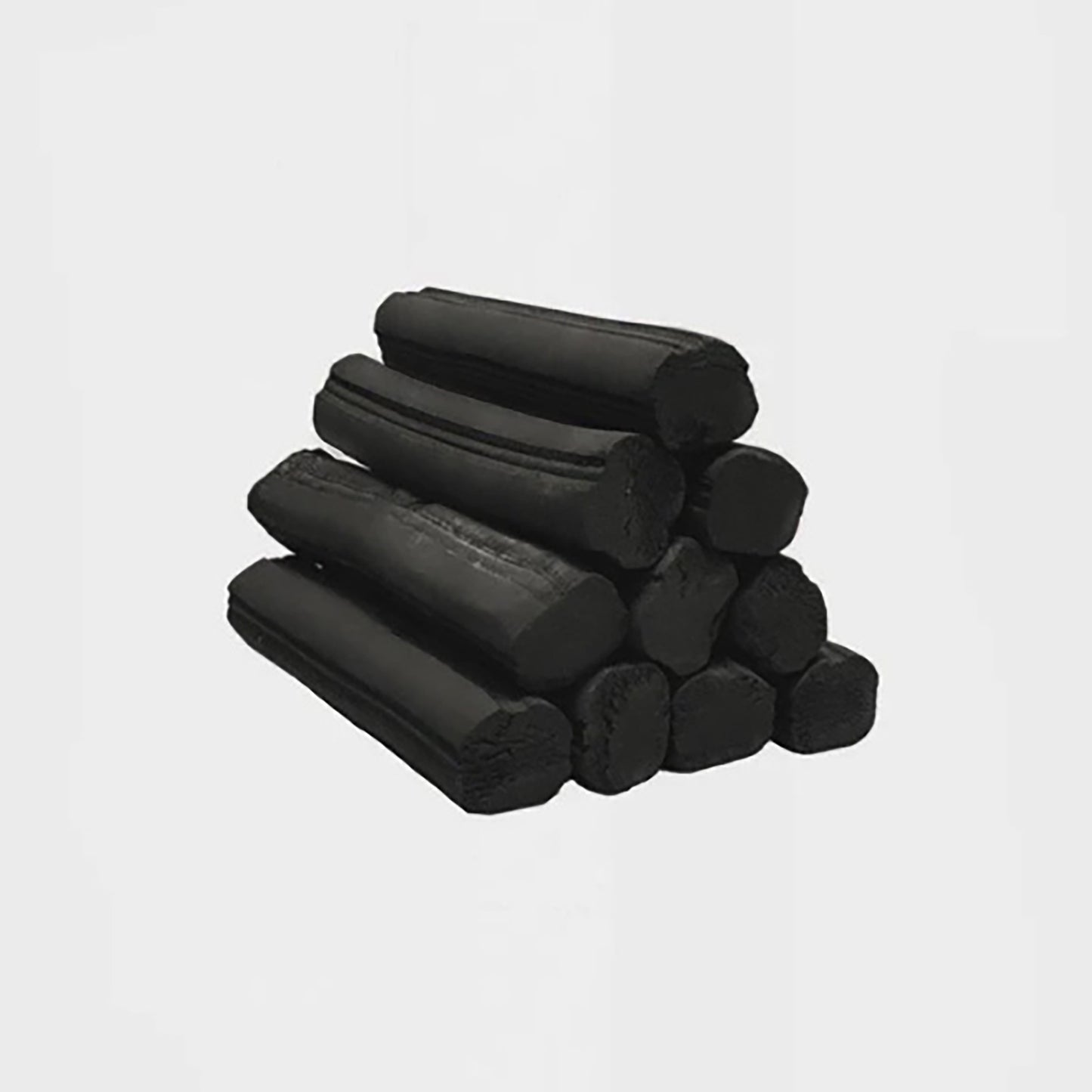 
                  
                    A stack of ten black Binchotan charcoal logs for the Shichirin Table Barbecue Set is arranged in a pyramid shape against a plain white background.
                  
                