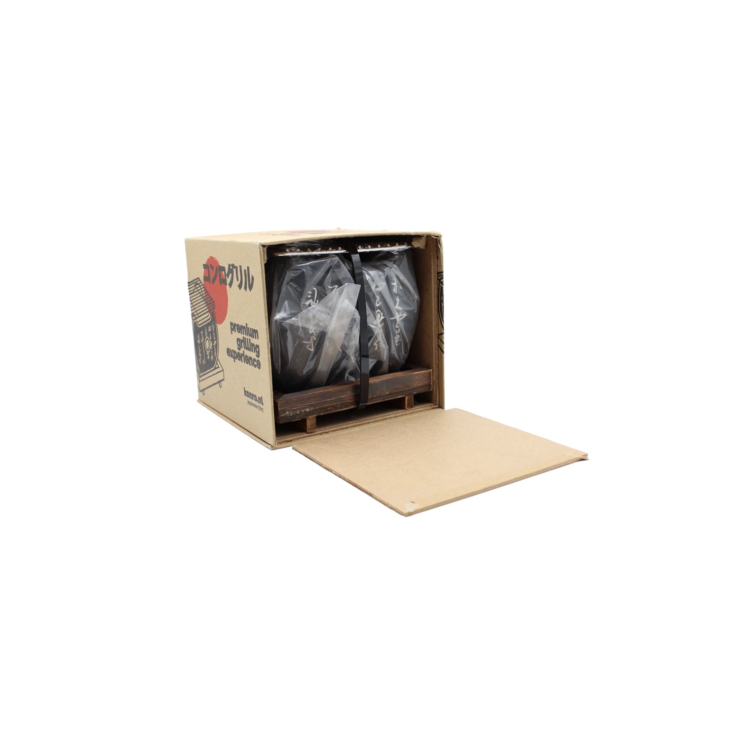 
                  
                    A cardboard box labeled Black Aluminium Konro Grill - 15cm (damaged box), lid open to reveal the grill inside, sits on a wooden pallet—ideal for compact grilling or Japanese hibachi-style cooking.
                  
                