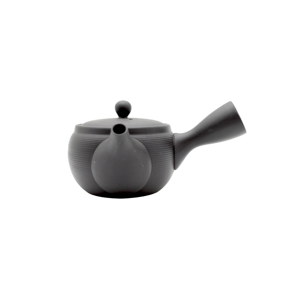 The Black Kyusu Yokode Teapot - 430ml is a round Japanese teapot with a side handle and small lid, shown against a plain white background.