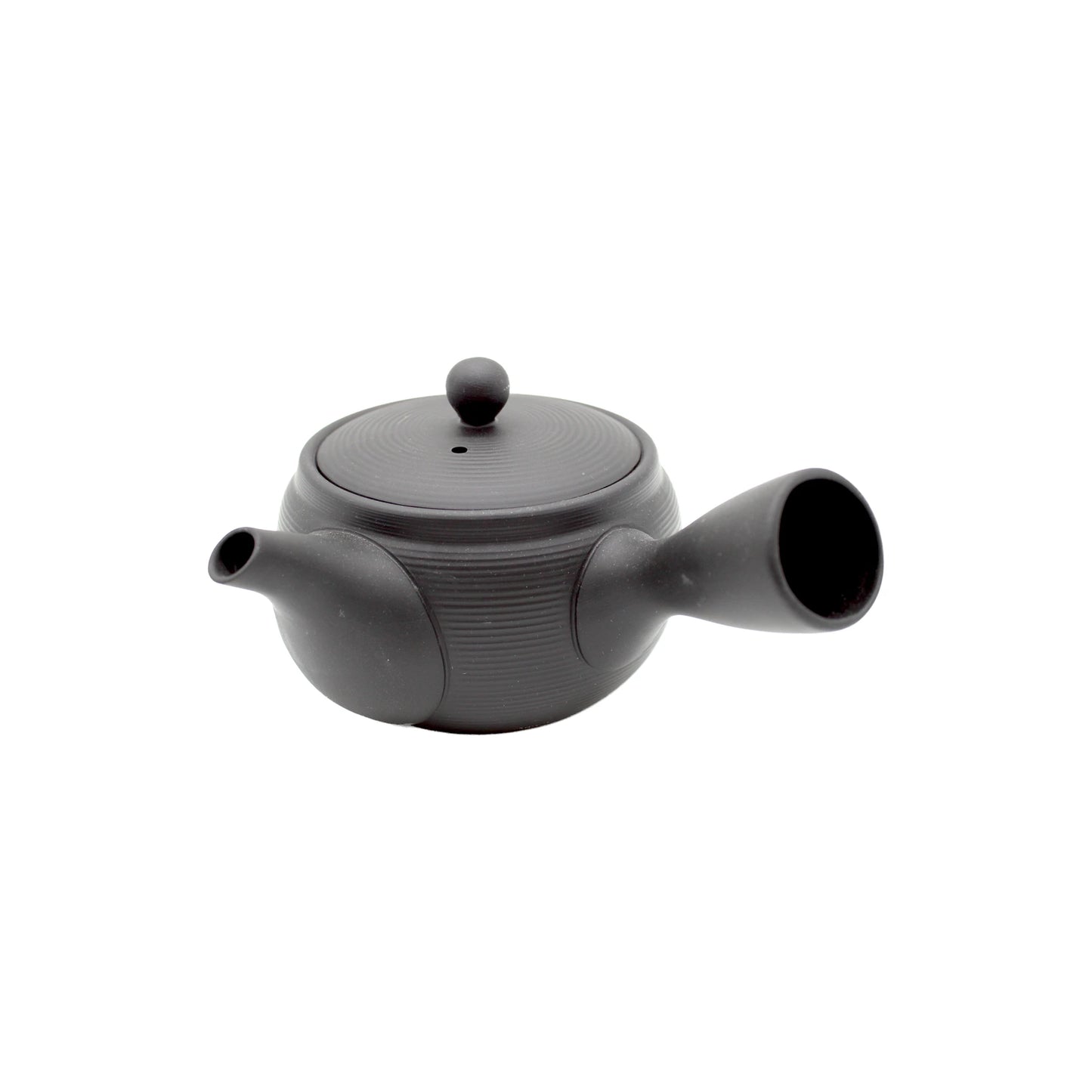 The Black Kyusu Yokode Teapot - 430ml features a round shape, side handle, spout, and circular lid, elegantly photographed on a white background—showcasing the timeless beauty of traditional Japanese teaware.