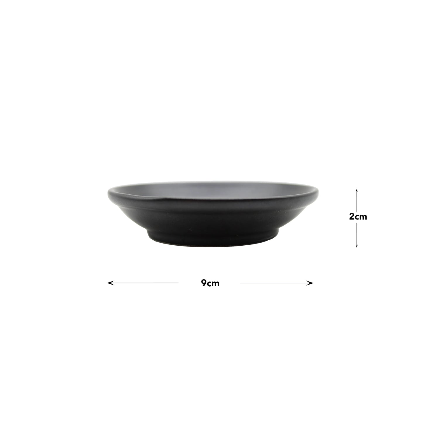 The Soy Sauce Dish - Matt Black measures 9 cm in diameter and 2 cm in height, making it perfect for serving soy sauce. It is shown against a plain white background.