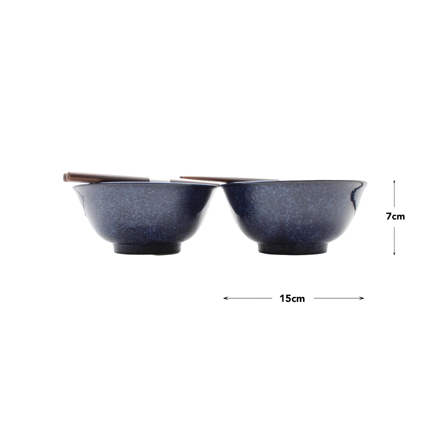 
                  
                    The Asanoha Flower Patterned Bowls Boxed Set in deep blue features two 15cm wide, 7cm tall Japanese Minoyaki porcelain bowls with chopsticks on top, displayed side by side on a white background.
                  
                
