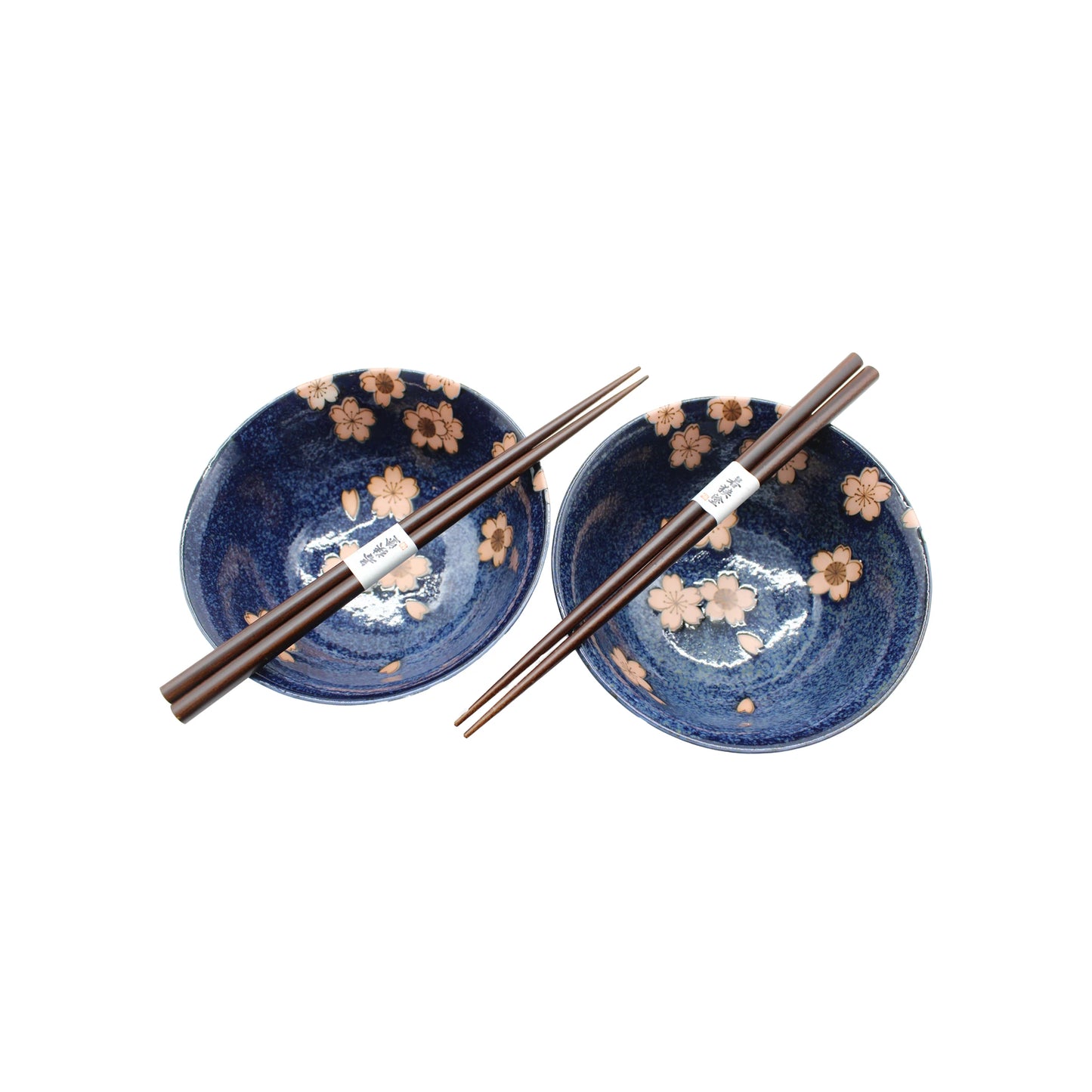 The Cherry Blossom Bowls Boxed Set - Blue with Pink Sakura features two bowls with pink sakura designs, each paired with wooden chopsticks, beautifully displayed on a white background—a stylish tribute to Japanese ceramics.