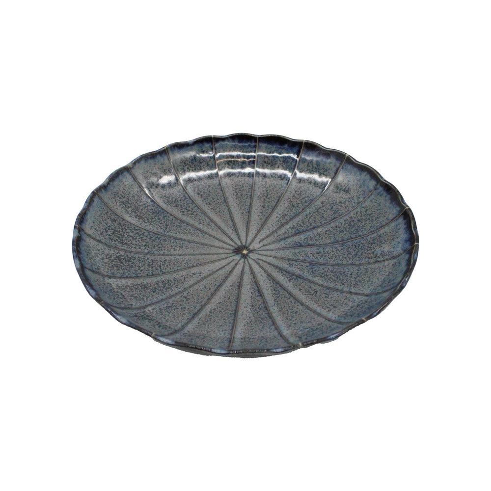 Large Plate - Blue Minoyaki Aome: Oval-shaped plate with a chrysanthemum motif, featuring a radial petal design and mottled blue-gray glaze, shown on a white background.