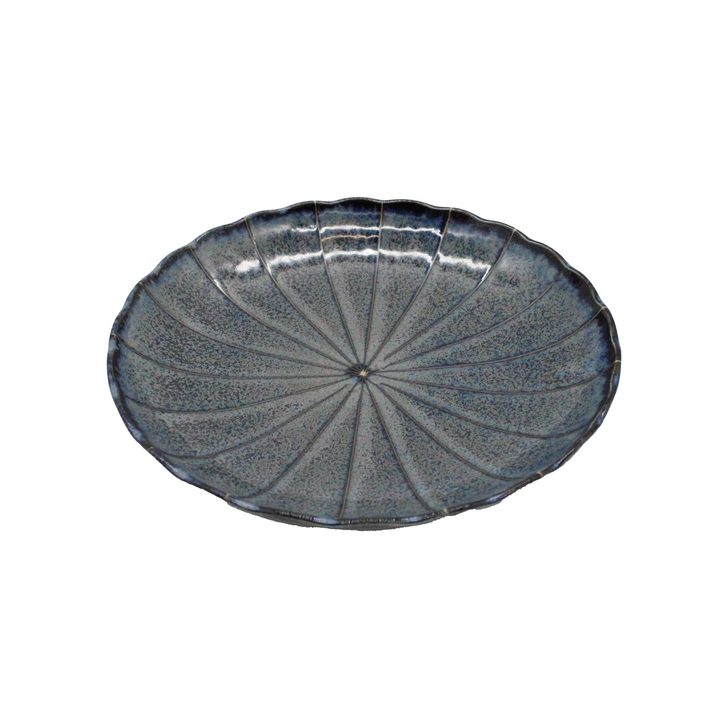 Large Plate - Blue Minoyaki Aome: Oval-shaped plate with a chrysanthemum motif, featuring a radial petal design and mottled blue-gray glaze, shown on a white background.