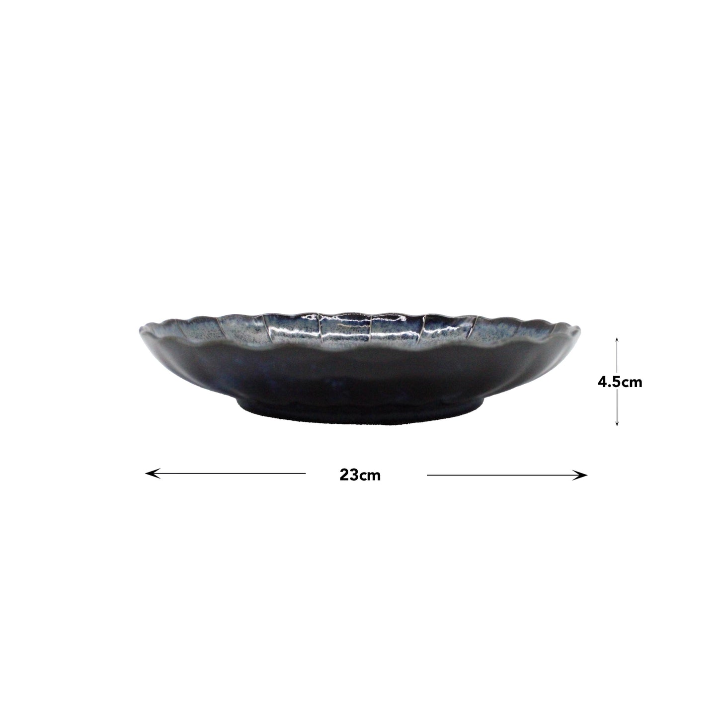 
                  
                    Side view of the Large Plate - Blue Minoyaki Aome, a dark, round ceramic piece with fluted edges, crafted in Minoyaki pottery. It measures 23 cm in diameter and 4.5 cm in height.
                  
                