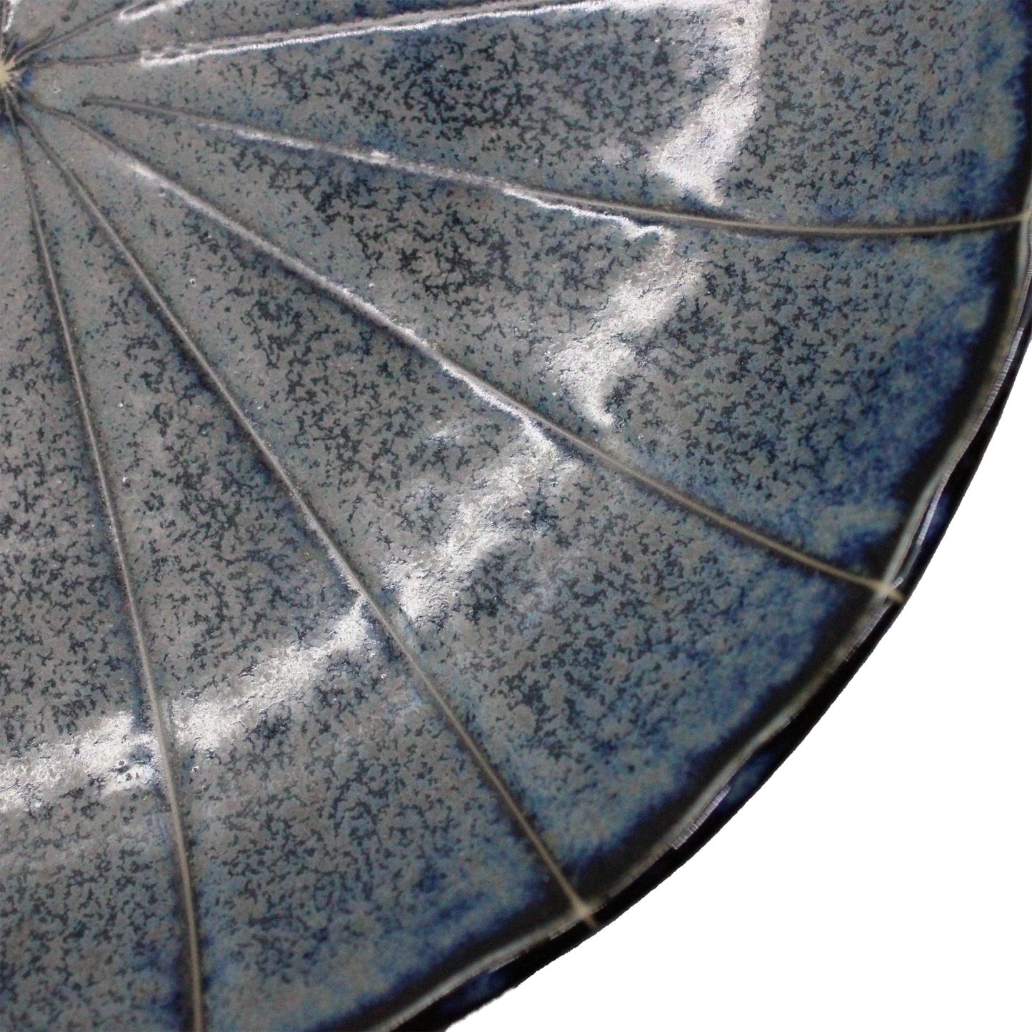 
                  
                    A close-up of the Large Plate - Blue Minoyaki Aome, showcasing its blue-gray speckled glaze and radial chrysanthemum-inspired pattern.
                  
                
