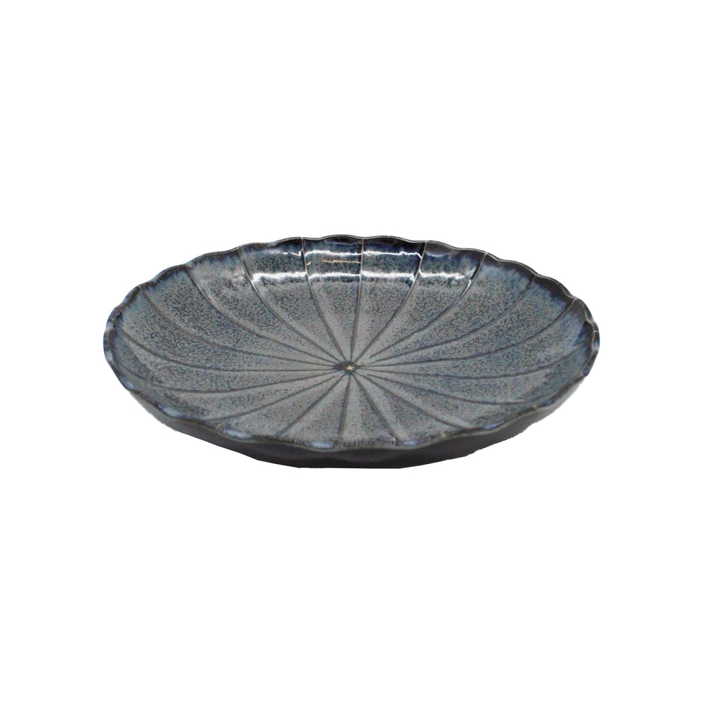 
                  
                    The Large Plate - Blue Minoyaki Aome is a round, shallow ceramic plate with a textured chrysanthemum motif and glossy gray-blue finish, crafted in Minoyaki pottery and shown on a plain white background.
                  
                