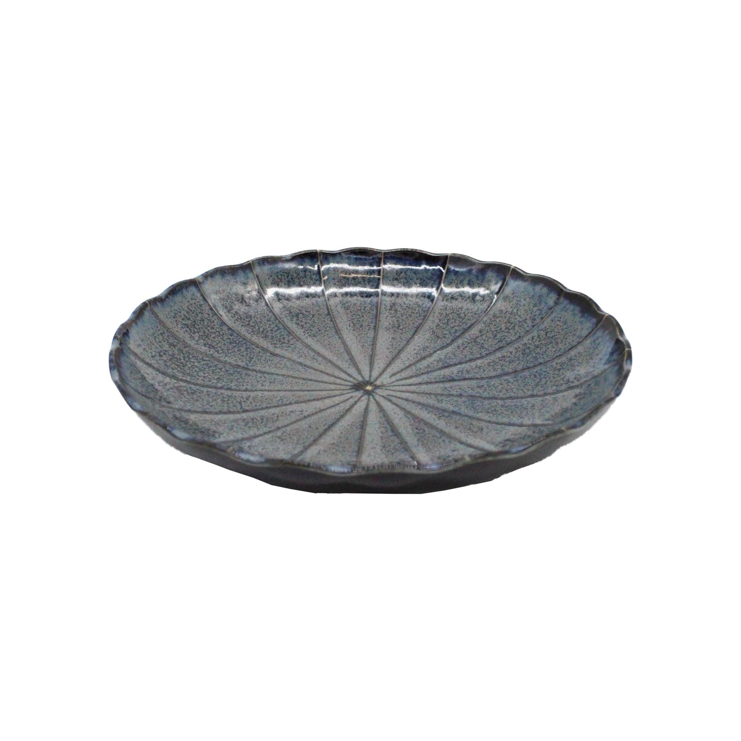 
                  
                    The Large Plate - Blue Minoyaki Aome is a round, shallow ceramic plate with a textured chrysanthemum motif and glossy gray-blue finish, crafted in Minoyaki pottery and shown on a plain white background.
                  
                