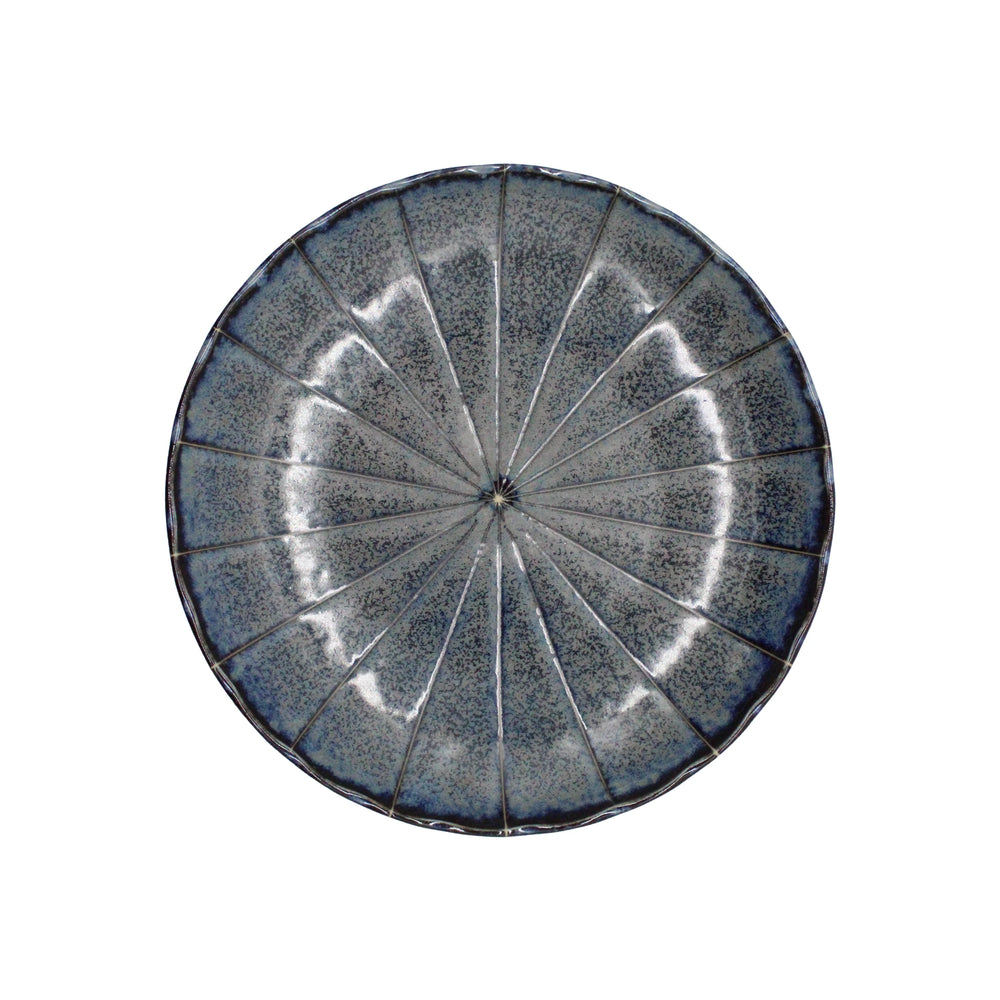Large Plate - Blue Minoyaki Aome: A round ceramic plate with a textured, segmented design and mottled gray-blue glaze, inspired by traditional Minoyaki pottery craftsmanship, shown from above on a white background.