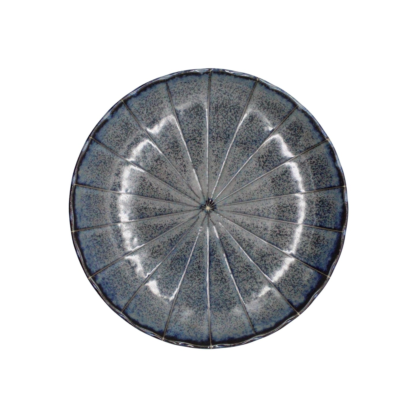 Large Plate - Blue Minoyaki Aome: A round ceramic plate with a textured, segmented design and mottled gray-blue glaze, inspired by traditional Minoyaki pottery craftsmanship, shown from above on a white background.
