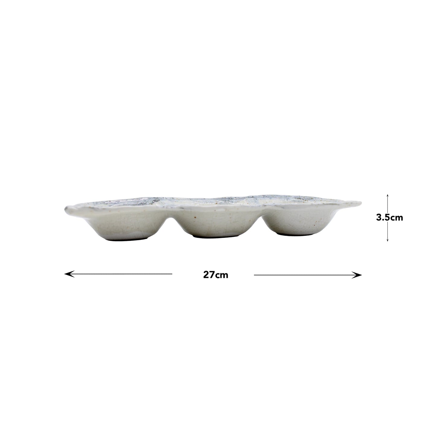 The Triple Sauce Dish - Blue and White is a hand-finished Minoyaki porcelain tray from Japan, featuring three shallow compartments. Shown from the side, it measures 27 cm wide and 3.5 cm tall for a refined, artisanal touch.