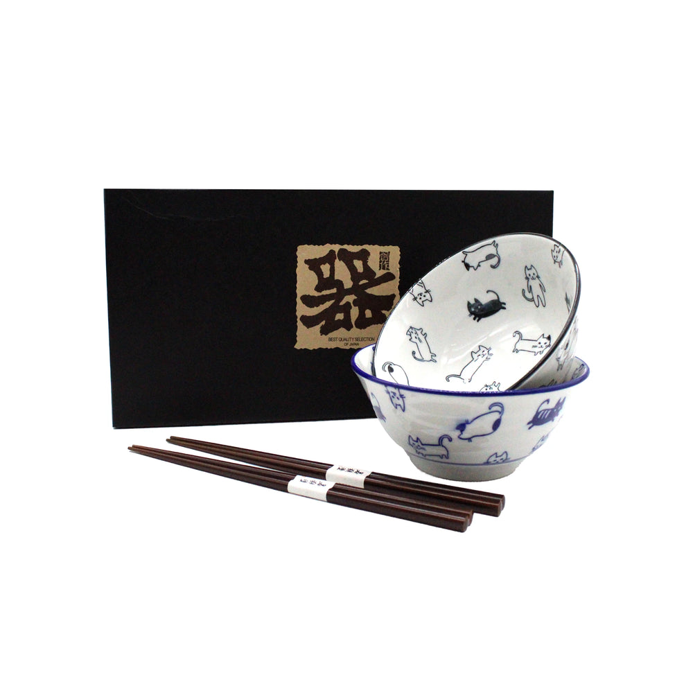 Kawaii Cat Bowls Boxed Set - Blue & Black