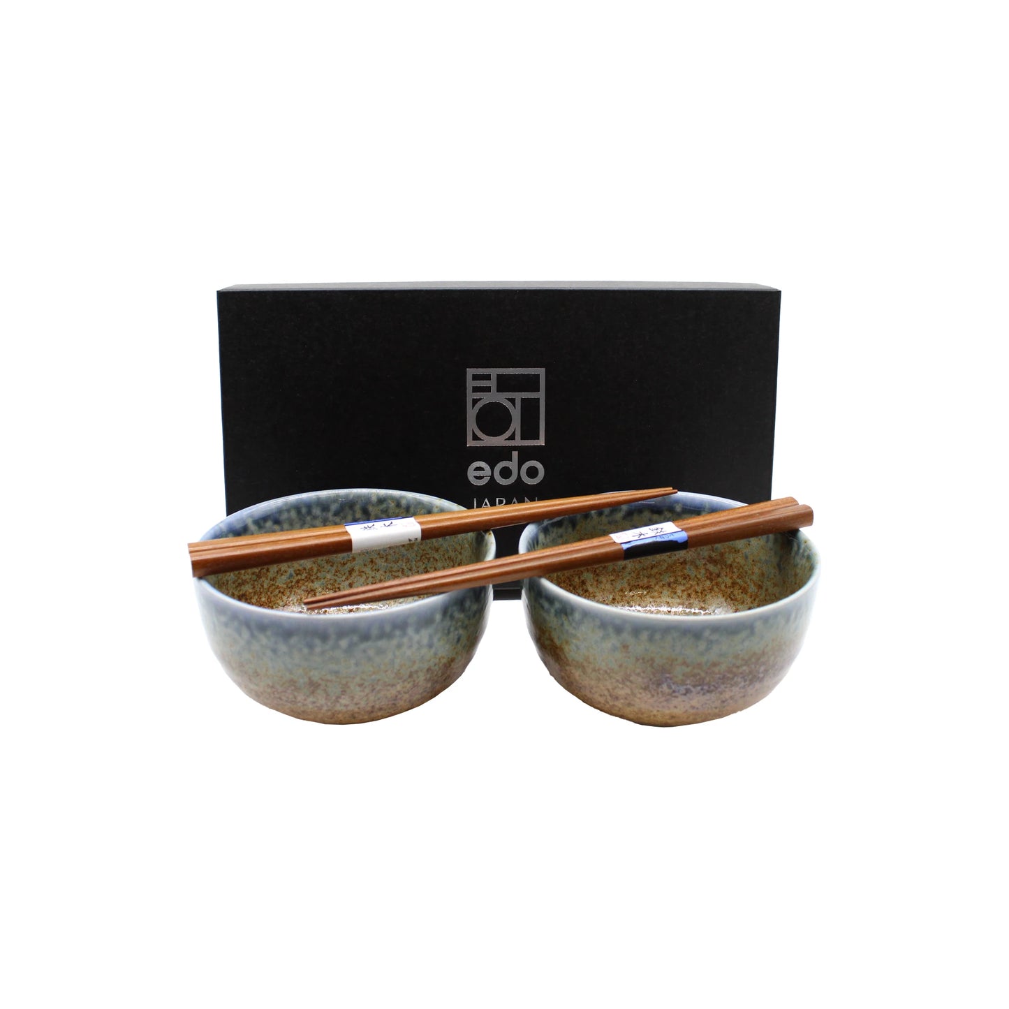 The Aki Bowl Gift Set - Brown & Blue features two handcrafted Japanese bowls with wooden chopsticks, elegantly displayed before a black Edo Japan branded box—a stunning Japanese ceramic gift set.