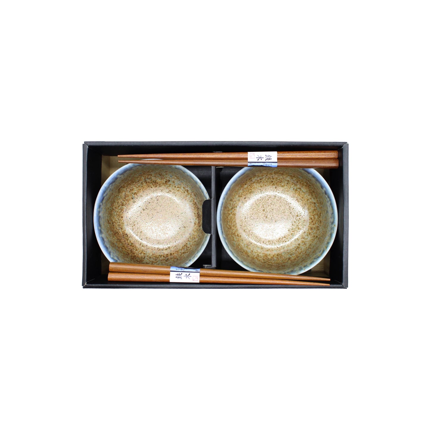 The Aki Bowl Gift Set - Brown & Blue includes two handcrafted Japanese bowls with a speckled brown glaze and two pairs of wooden chopsticks, ideal for fans of rustic Japanese tableware.