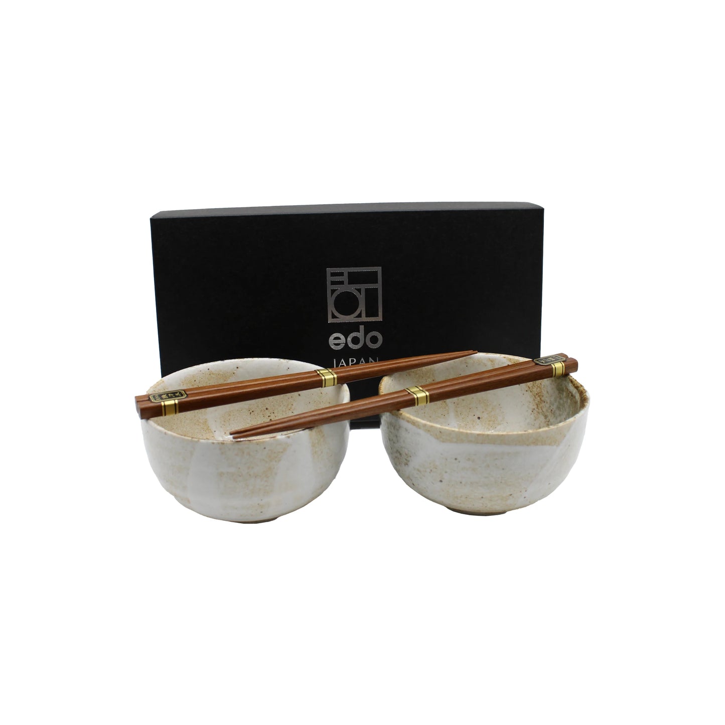The Yukishino Bowls Gift Set features two Japanese ceramic bowls and a pair of wooden chopsticks, all presented in front of a black box labeled edo JAPAN, showcasing elegant Japanese tableware.