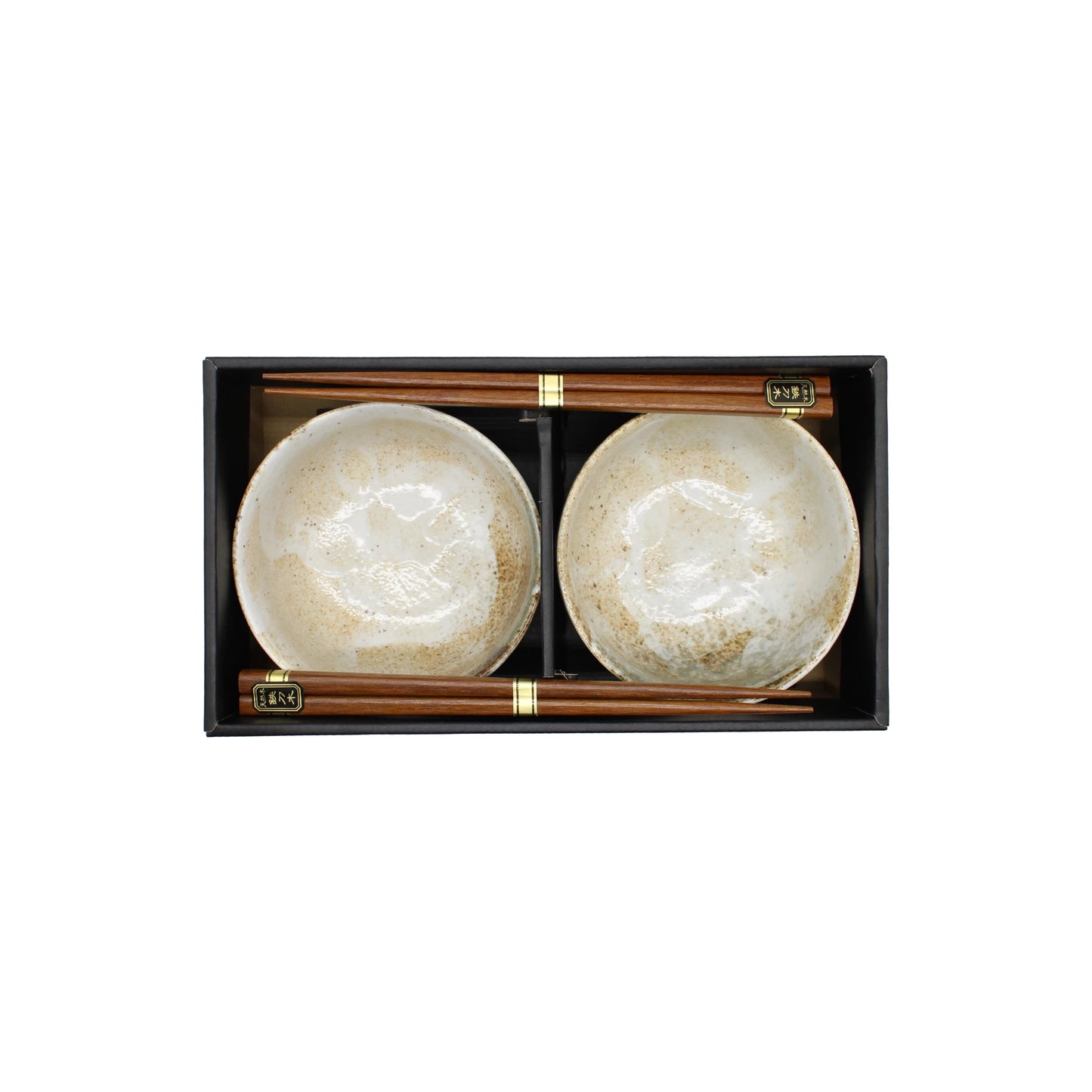 The Yukishino Bowls Gift Set includes two Japanese ceramic bowls and two pairs of wooden chopsticks, side by side—an ideal addition to your Japanese tableware collection.