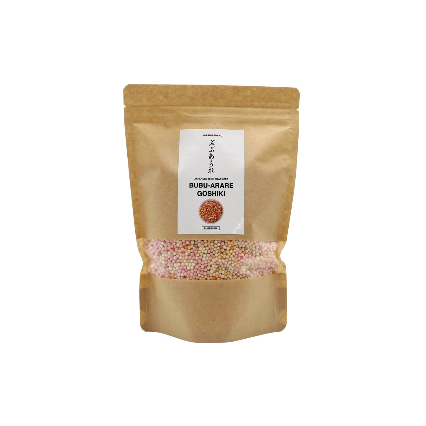 
                  
                    A brown resealable bag labeled "Japanese Rice Crackers - Bubu Arare Goshiki" contains small, colorful rice crisps visible through a clear window.
                  
                