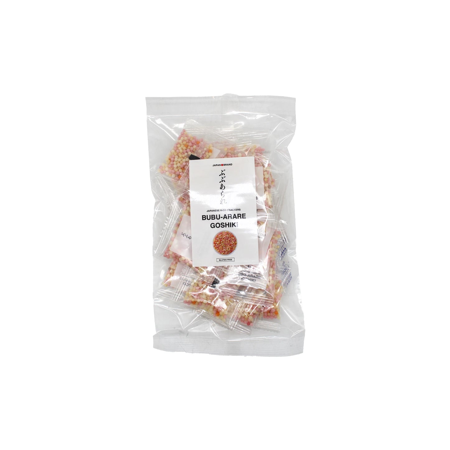 
                  
                    A clear bag of Japanese Rice Crackers - Bubu Arare Goshiki, featuring individually wrapped multicolored rice crisps—ideal for those who appreciate traditional Japanese snacks.
                  
                