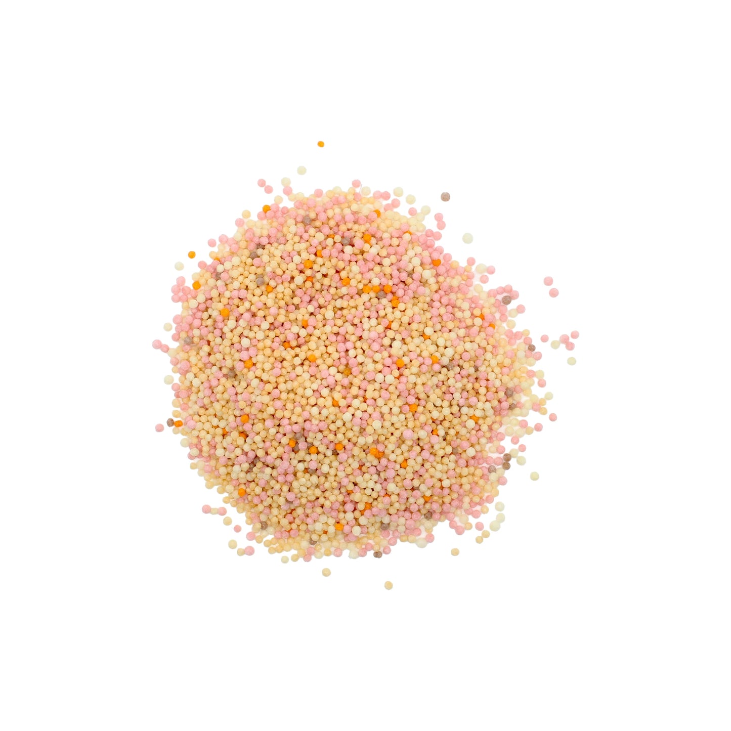 
                  
                    A colorful pile of Japanese Rice Crackers - Bubu Arare Goshiki in pink, yellow, and white is scattered on a white background.
                  
                