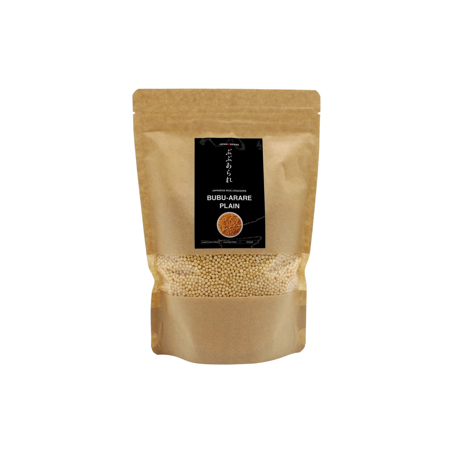 
                  
                    A brown resealable bag with a black label reading "Japanese Rice Crackers - Bubu Arare Plain" features an image of small round grains and contains crunchy Japanese rice crisps.
                  
                