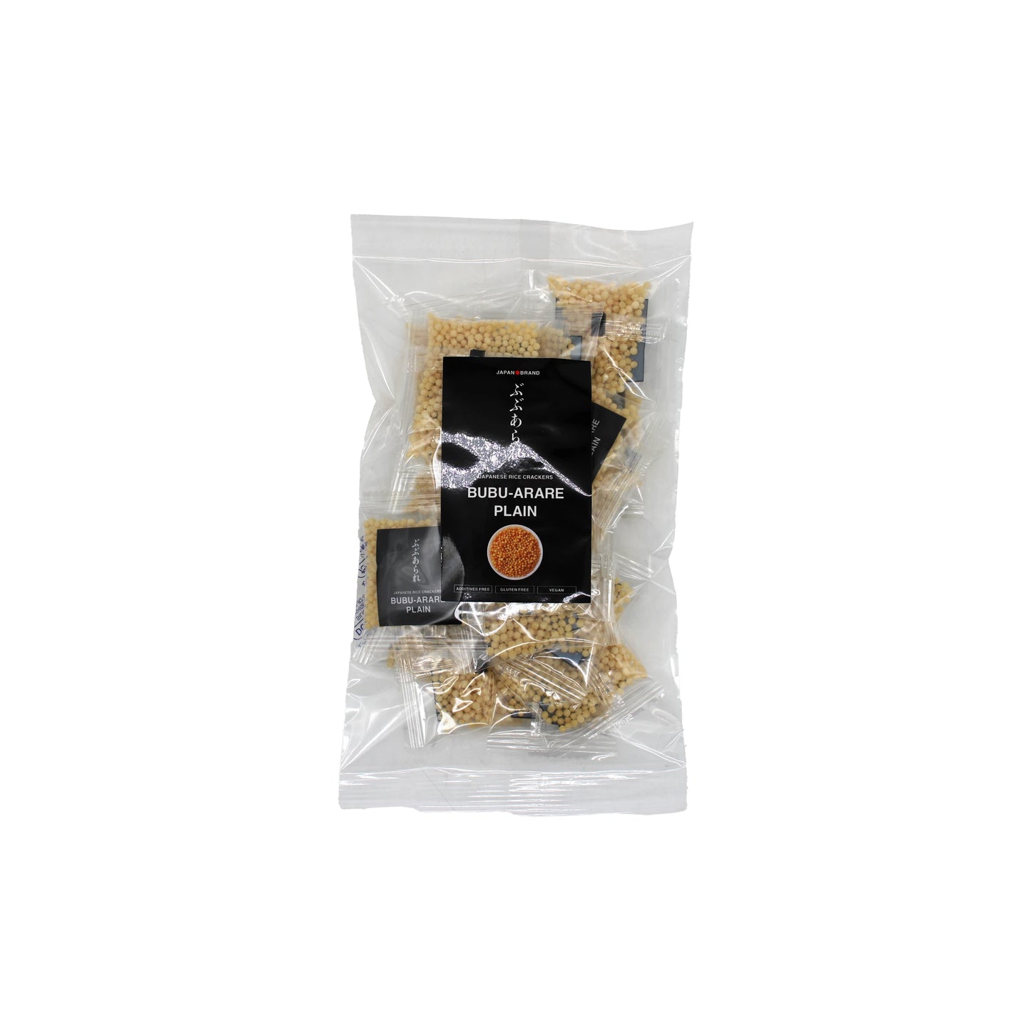 
                  
                    A clear plastic bag containing individually wrapped Japanese Rice Crackers - Bubu Arare Plain, each with a black label on the front.
                  
                
