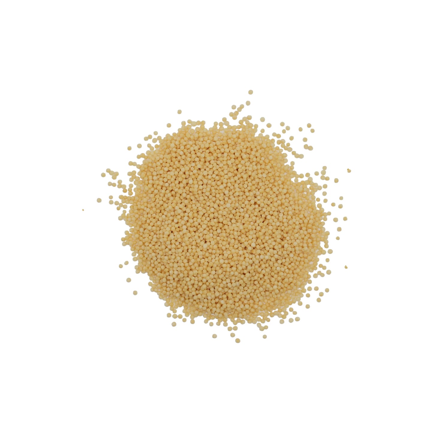 
                  
                    A pile of small, round, yellowish-beige grains—Japanese Rice Crackers - Bubu Arare Plain—scattered on a white background.
                  
                