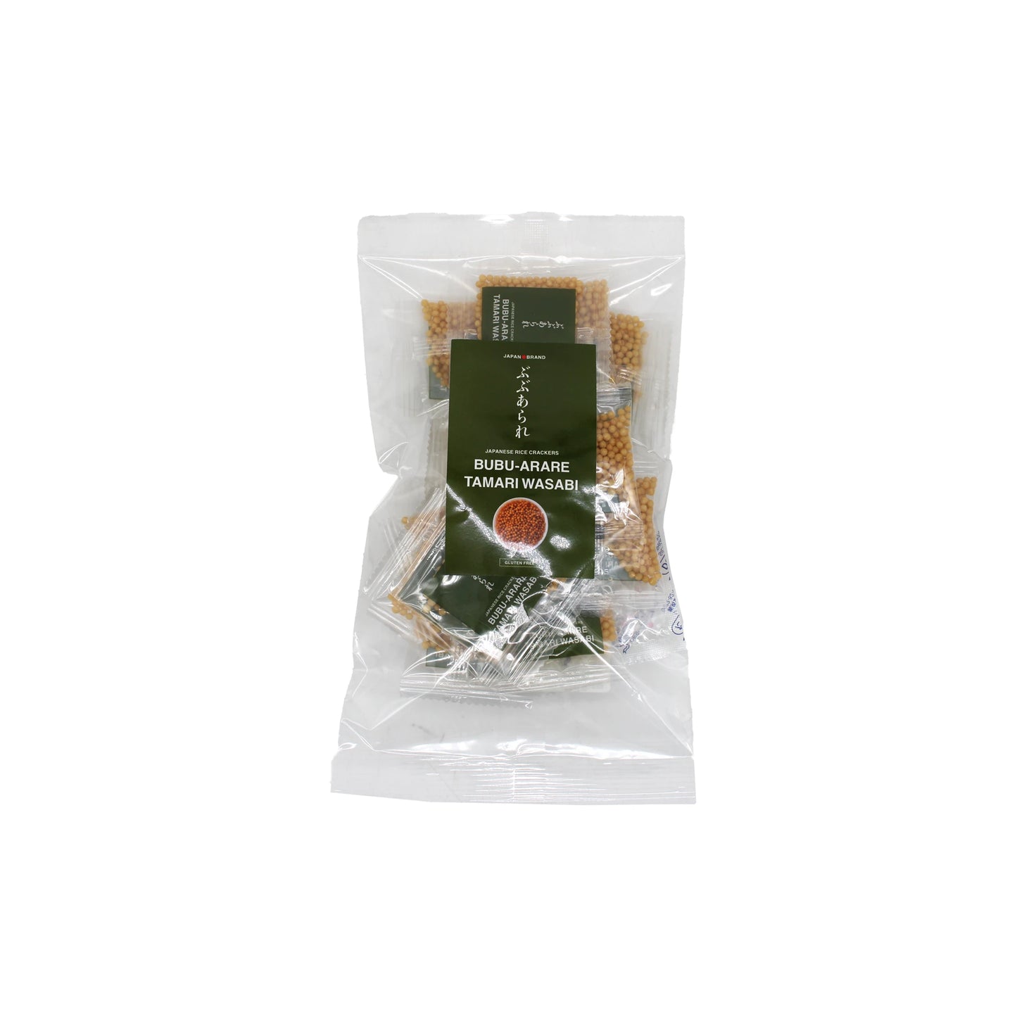 
                  
                    A clear plastic package of Japanese Rice Crackers - Bubu Arare Wasabi, featuring wasabi-flavored rice crisps, sealed with a green front label.
                  
                