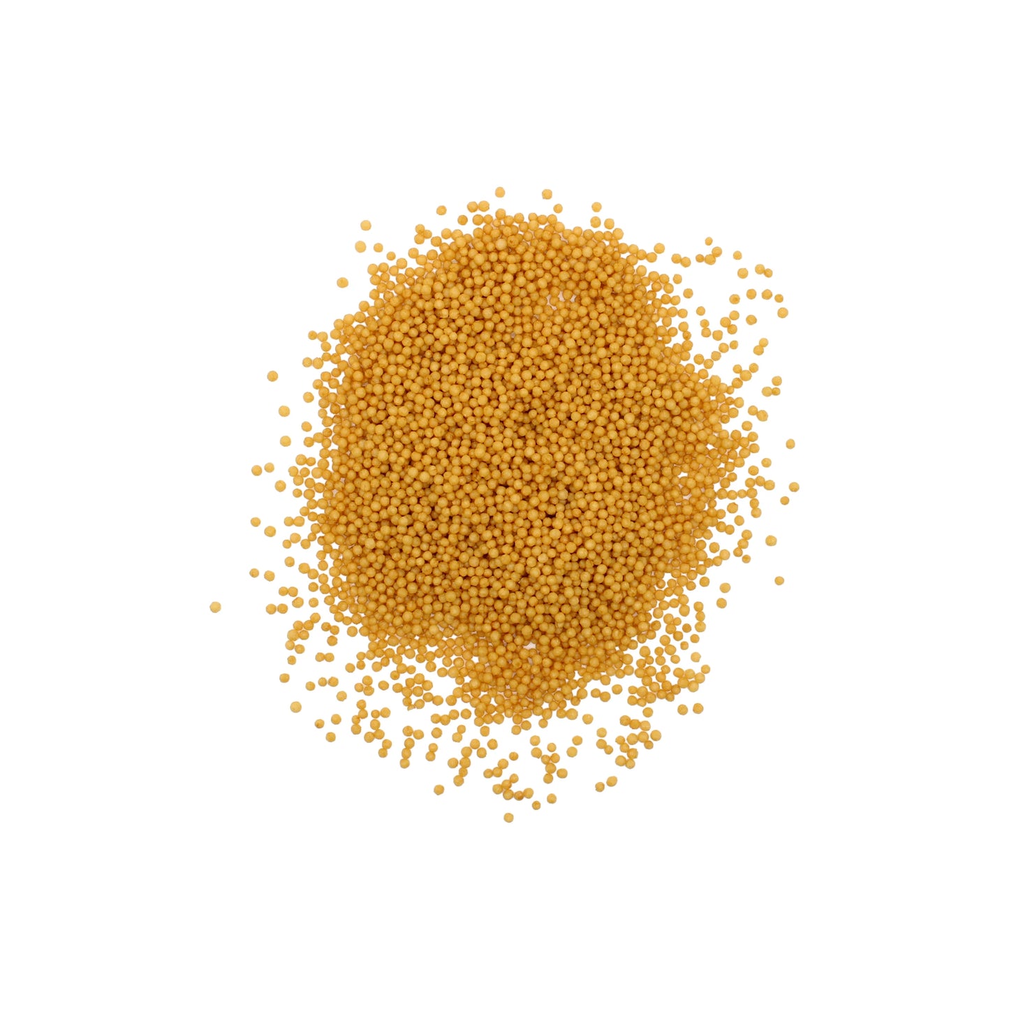 
                  
                    A pile of small, round, yellow Bubu Arare Wasabi Japanese Rice Crackers scattered on a white background, resembling the tiny beads often found in Japanese rice crisps.
                  
                