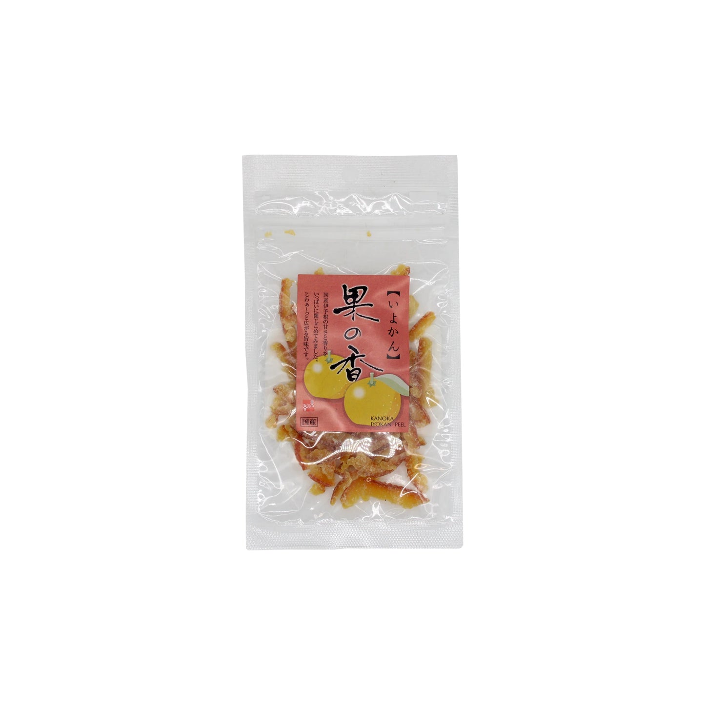 A clear plastic bag of Candied Iyokan Peel - 30g, featuring dried Japanese fruit slices with a pink label showing Japanese text and iyokan imagery, is displayed against a white background.
